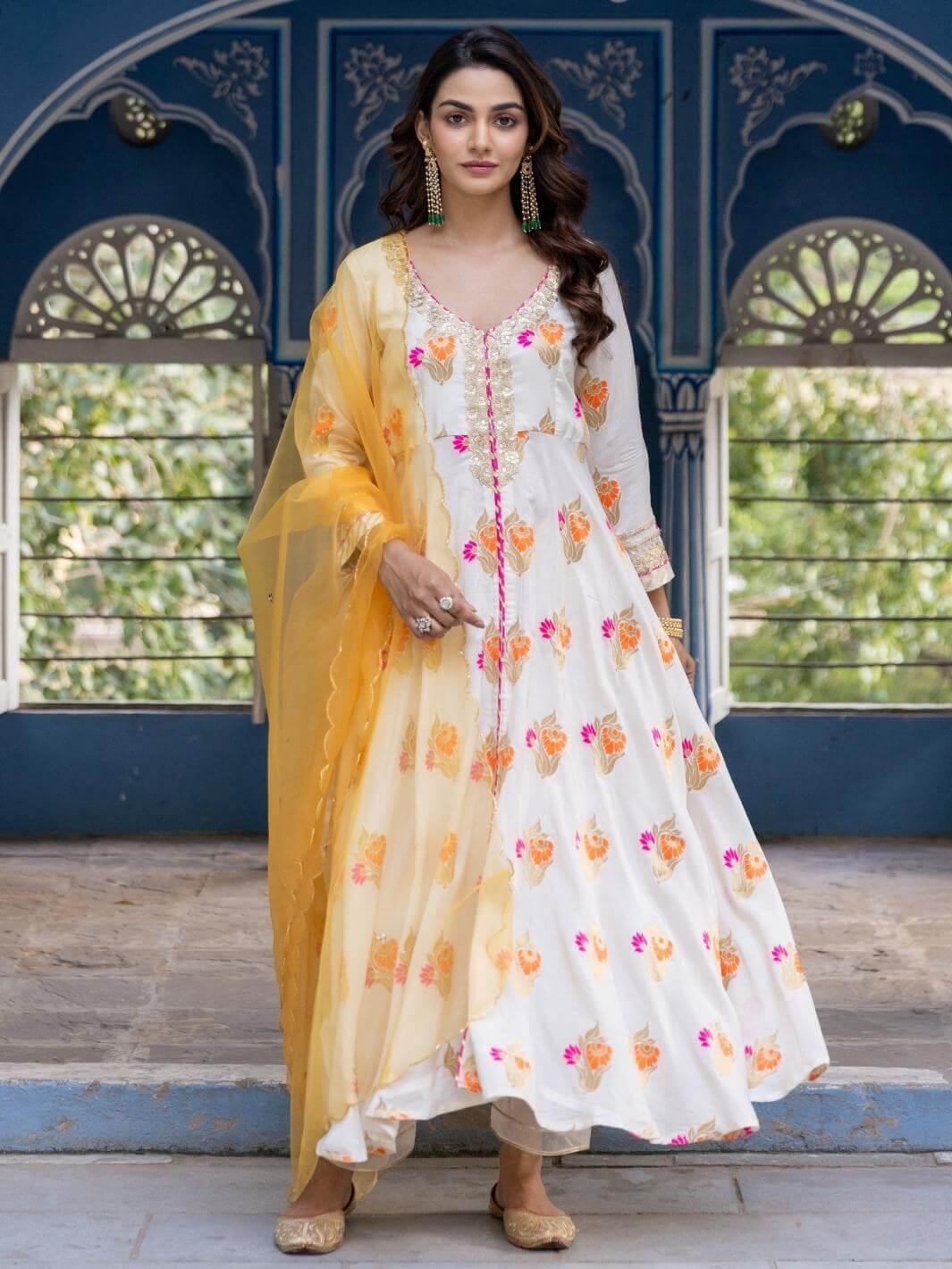 White Flared A-Line Kurta Set with Embroidered Organza Dupatta – Myaara