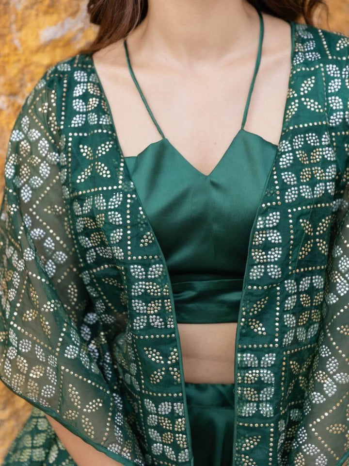 Green Satin Coord Set with Embellished Organza Jacket - Myaara