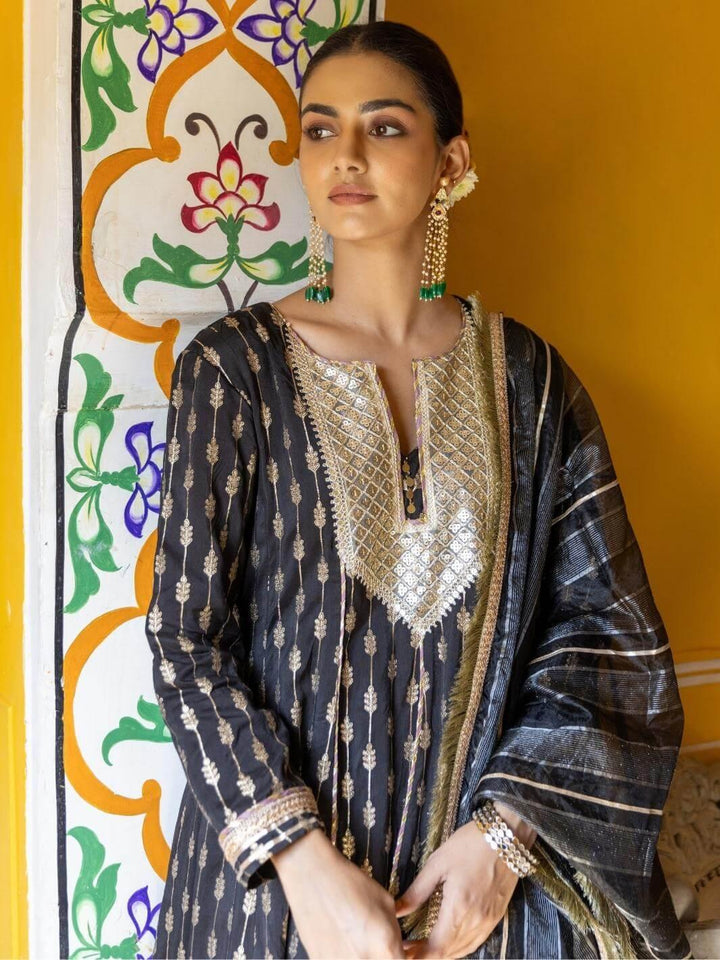 Black Zari Embroidered Anarkali Set with Organza Dupatta - Myaara