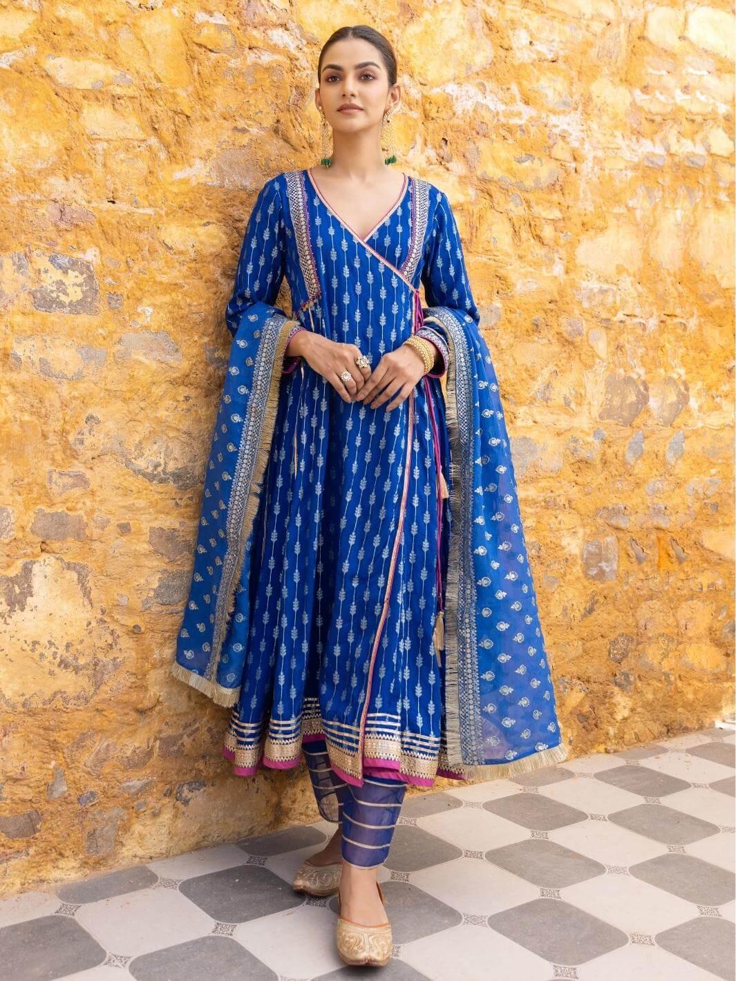blue ethnic dress for women Royal Blue Zari Ethnic Angrakha Set with Embroidered Dupatta Myaara