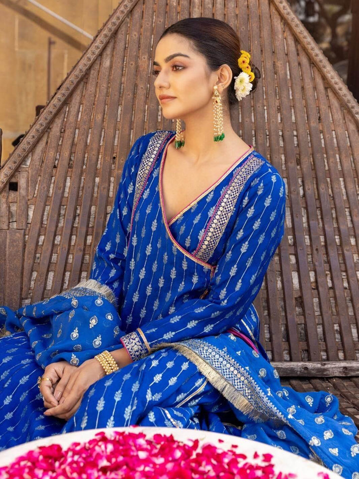 Royal Blue Zari Ethnic Angrakha Set with Embroidered Dupatta - Myaara