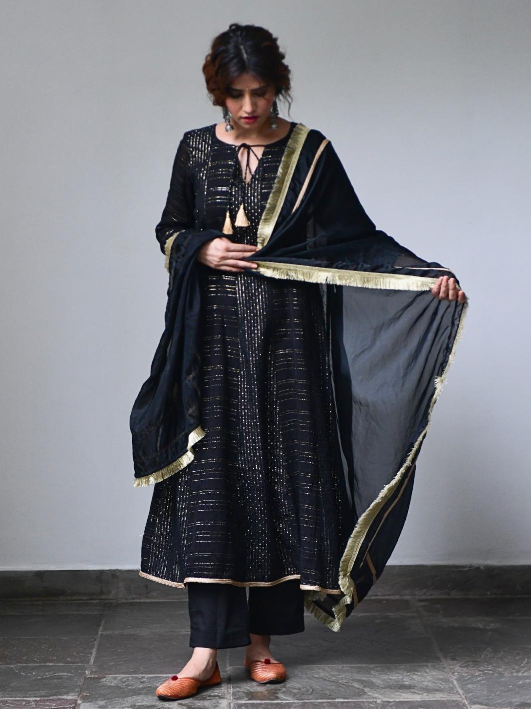 Black Cotton Lurex Anarkali Set with Organza Dupatta & Gota-work - Myaara