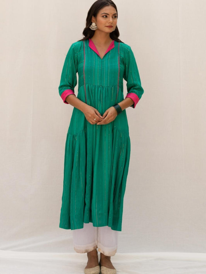 Green Chanderi Flared Kurta Set with Pants - Myaara
