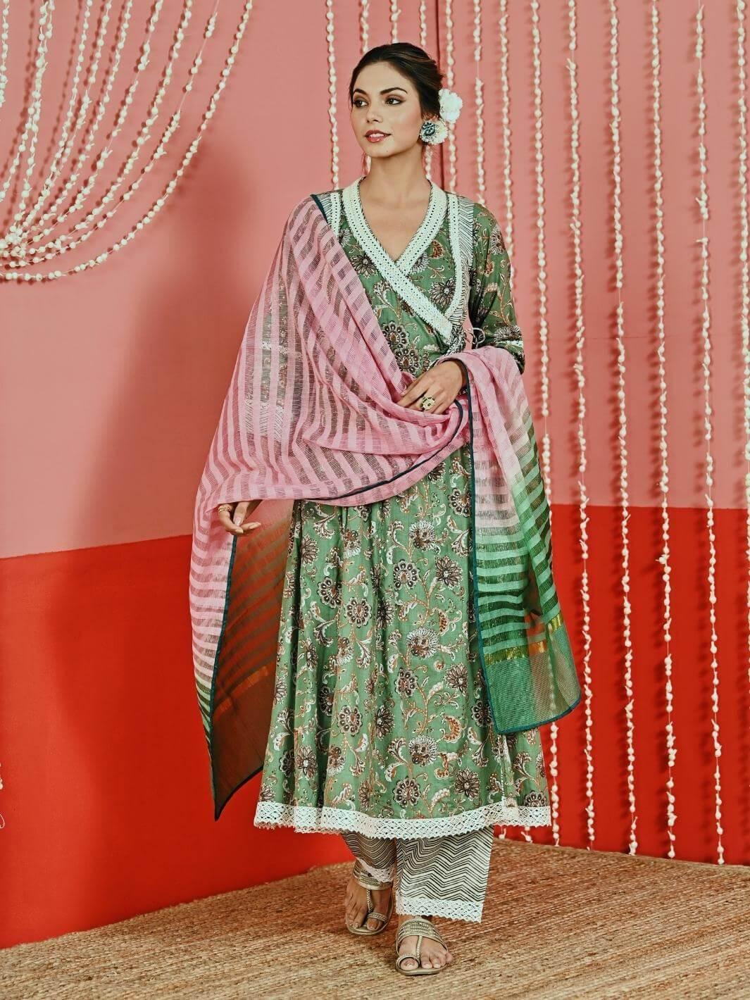 Green Printed Cotton Ethnic Anarkali Set with Ombre Dupatta - Myaara