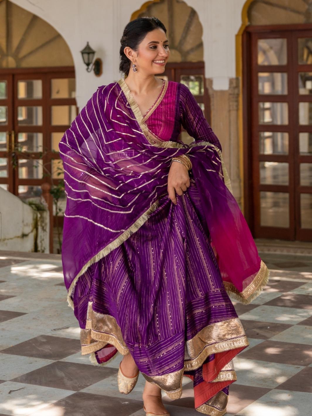 Purple Chanderi Ethnic Anarkali Set with Organza Dupatta & Gota-work - Myaara