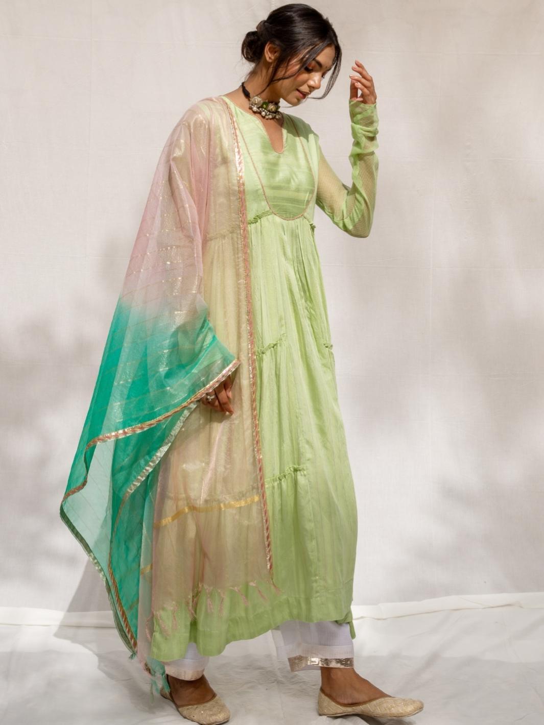 Soft Green Chanderi Anarkali Set with Ombre Organza Dupatta - Myaara