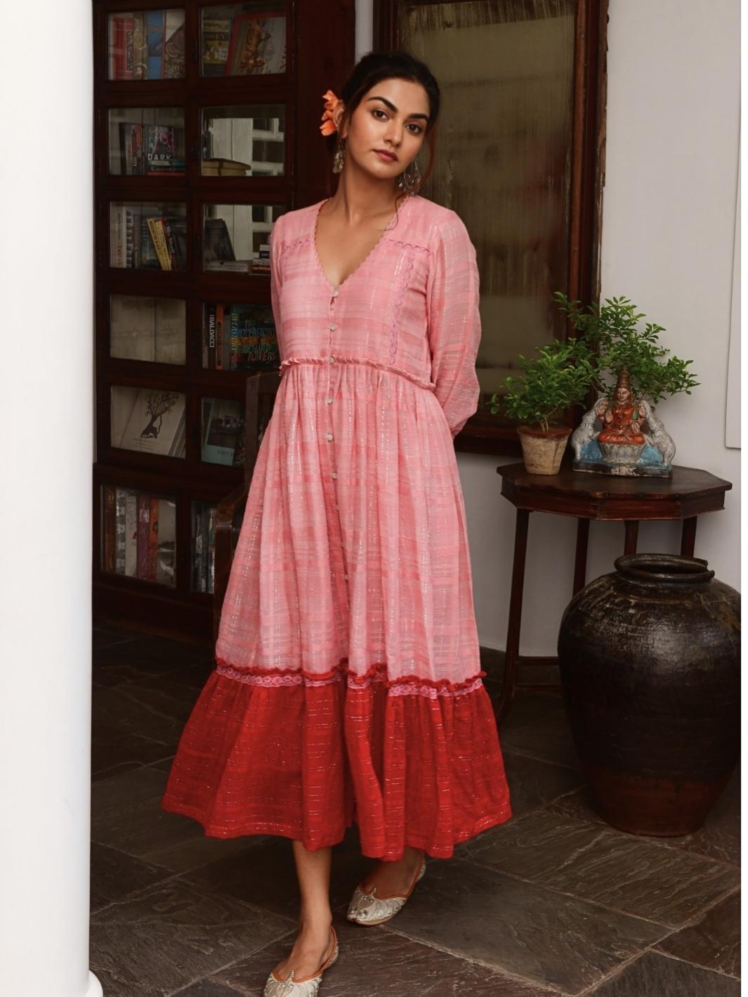 Soft Pink & Red Cotton Lurex Ethnic Dress with Lace-Details - Myaara