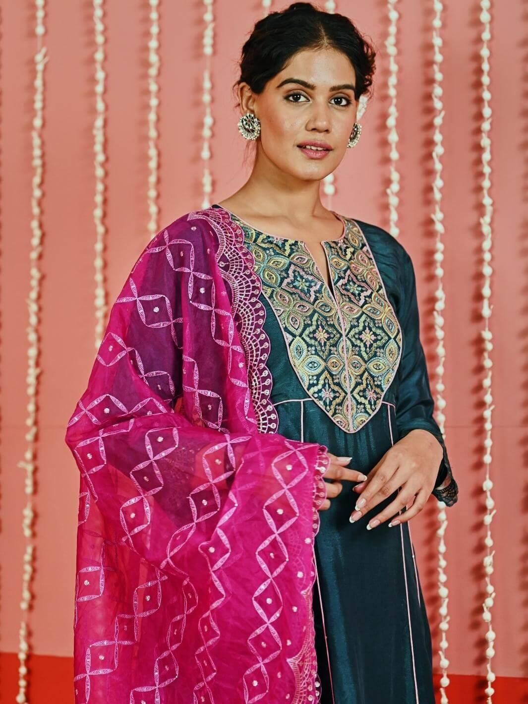 Teal Embroidered Silk Blend Ethnic Kurta Set with Organza Dupatta - Myaara