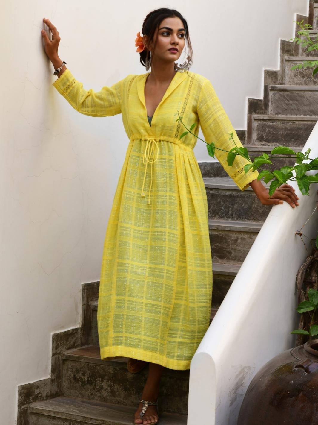 Yellow Cotton Lurex Ethnic Dress with Lace-Details - Myaara