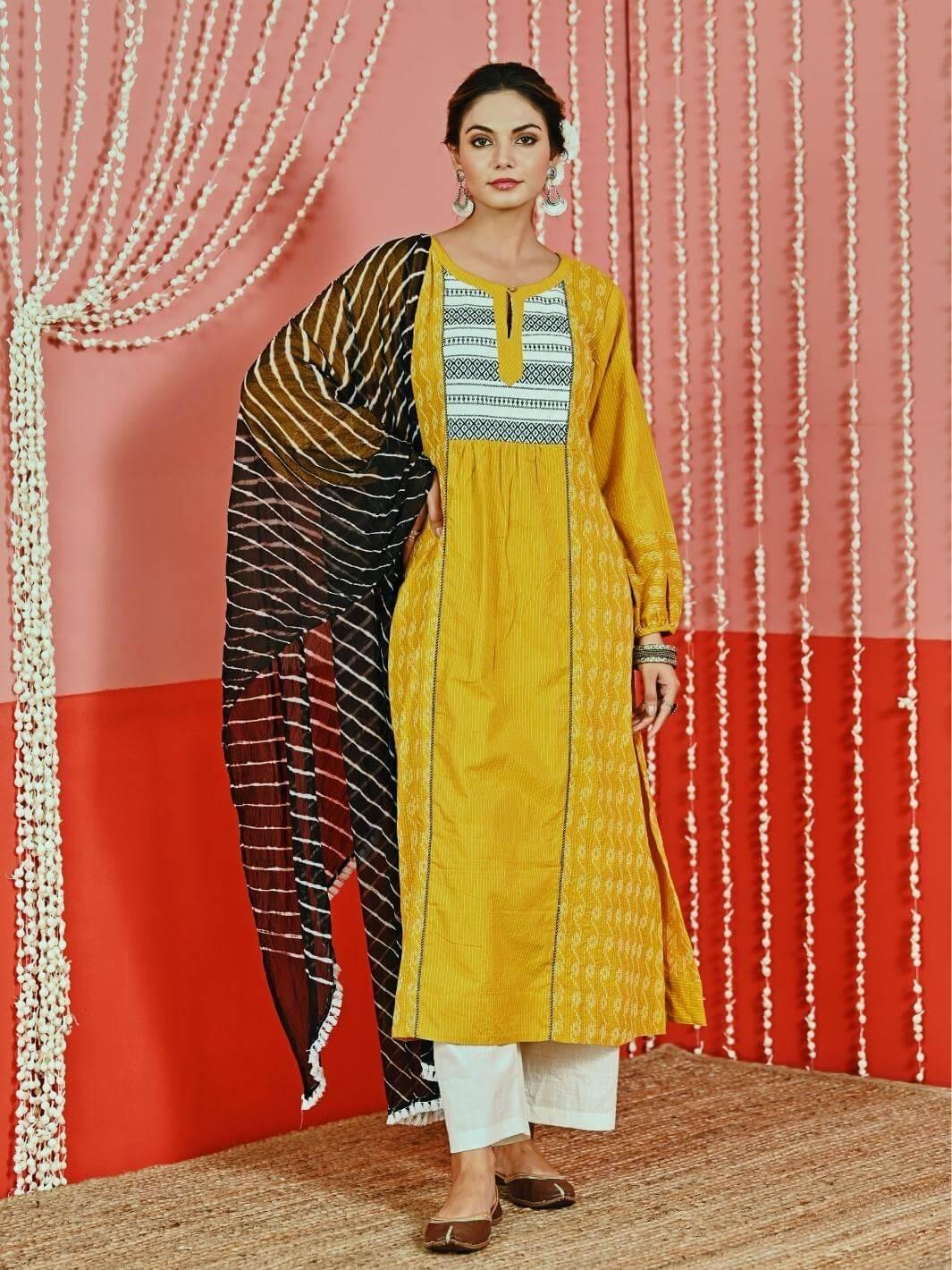 Yellow Kantha Cotton Kurta Set with Leheriya Chiffon Dupatta - Myaara