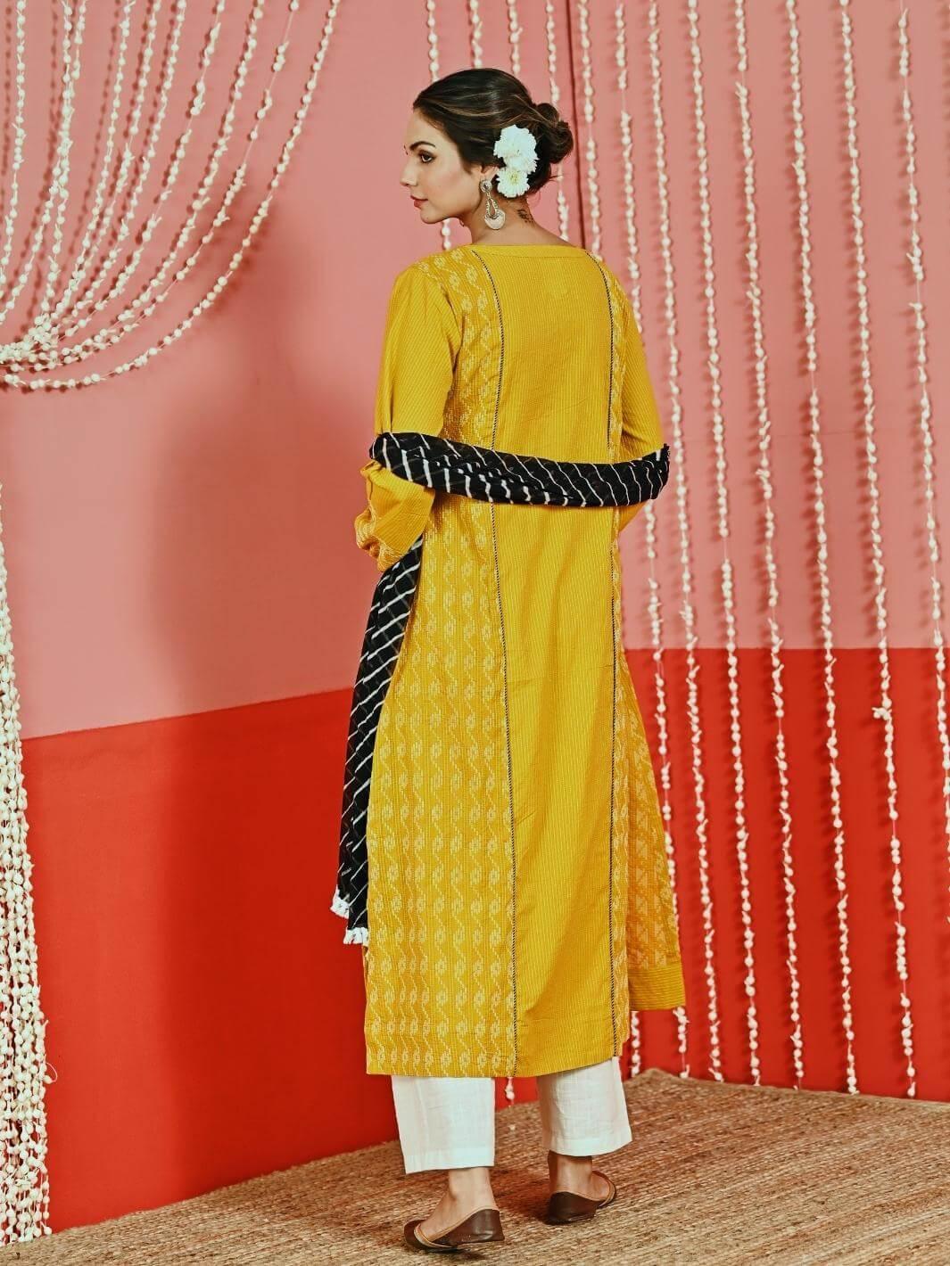 Yellow Kantha Cotton Kurta Set with Leheriya Chiffon Dupatta - Myaara