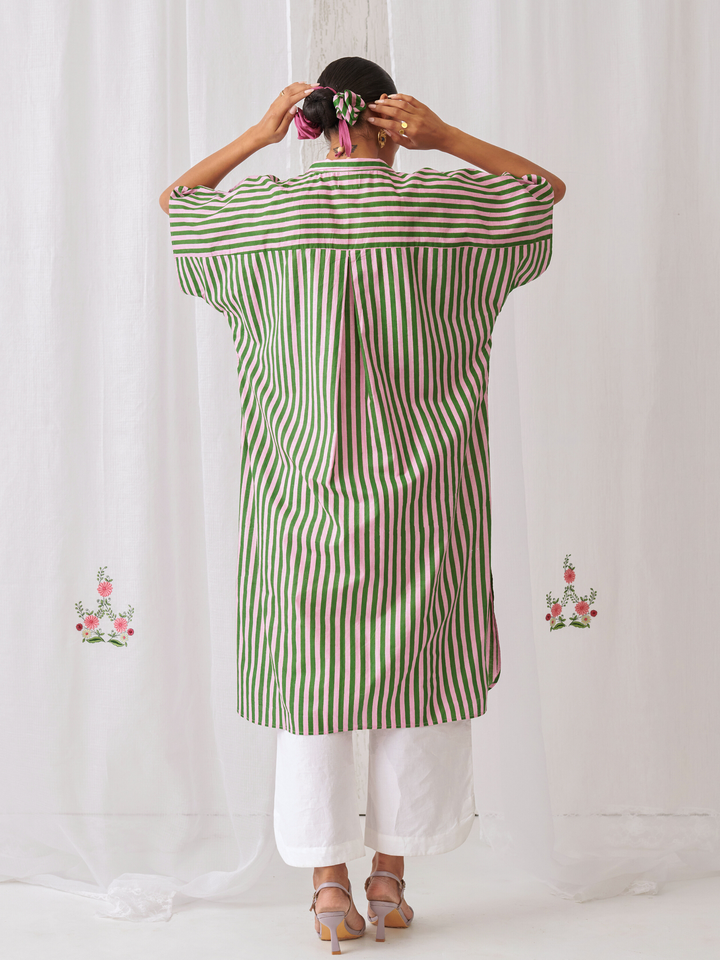 Pink & Green Striped Kaftan With Embroidery Paired With White Pants