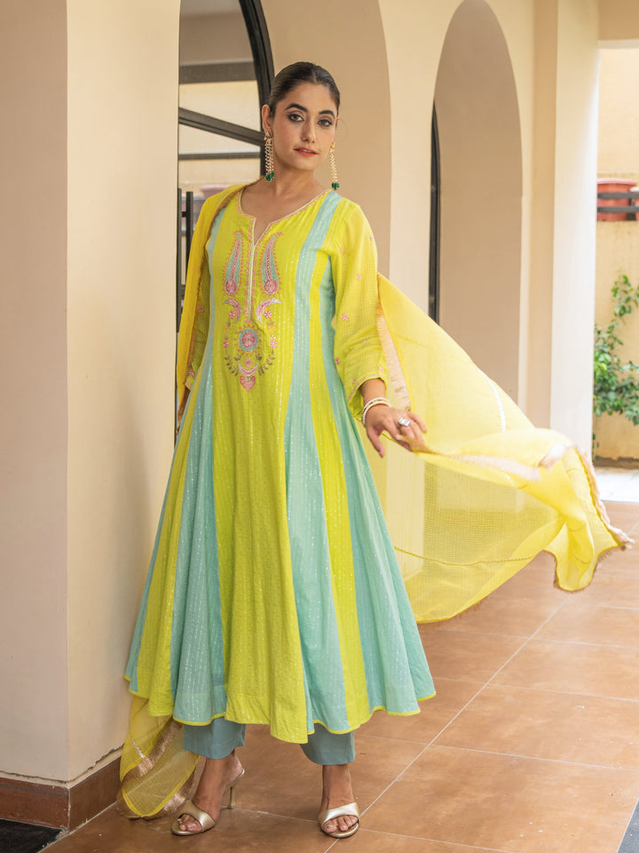 Mint & Lime Embroidered Panelled Anarkali Paired with Matching Pants & Dupatta