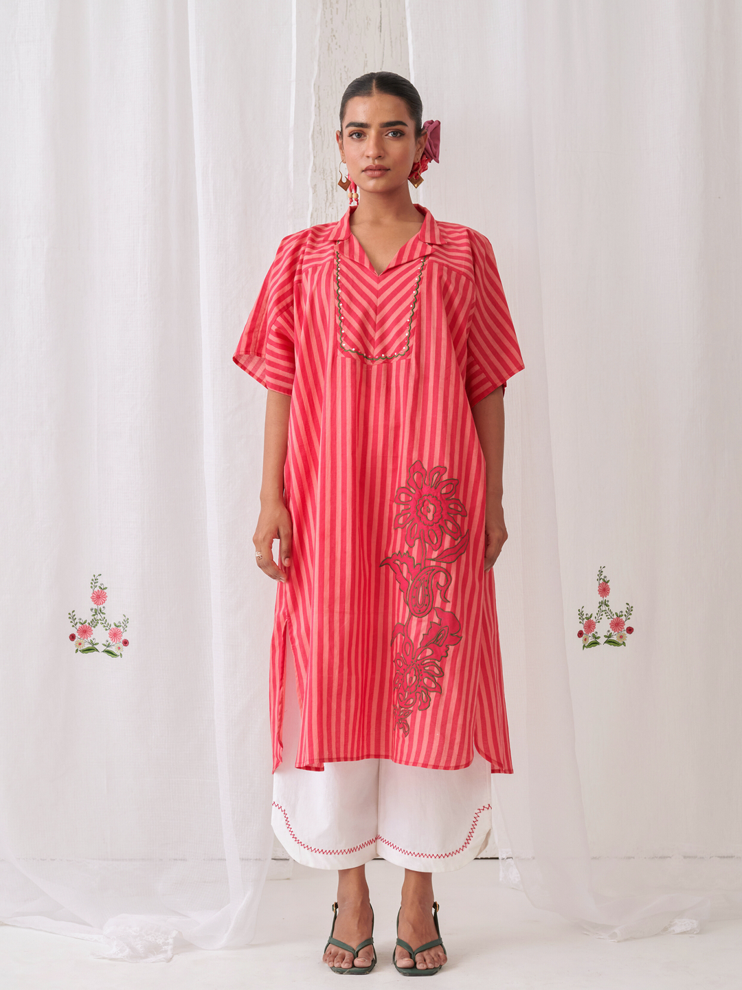 Peach & Pink  Striped Kaftan With Embroidery Paired With White Pants
