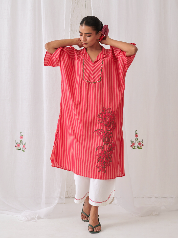 Peach & Pink  Striped Kaftan With Embroidery Paired With White Pants