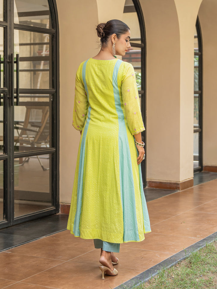 Mint & Lime Embroidered Panelled Anarkali Paired with Matching Pants & Dupatta