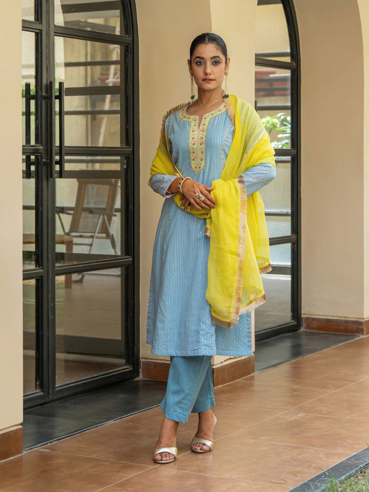 Dusty Blue A-Line Embroidered Kurta Paired With Matching Pants & Dupatta