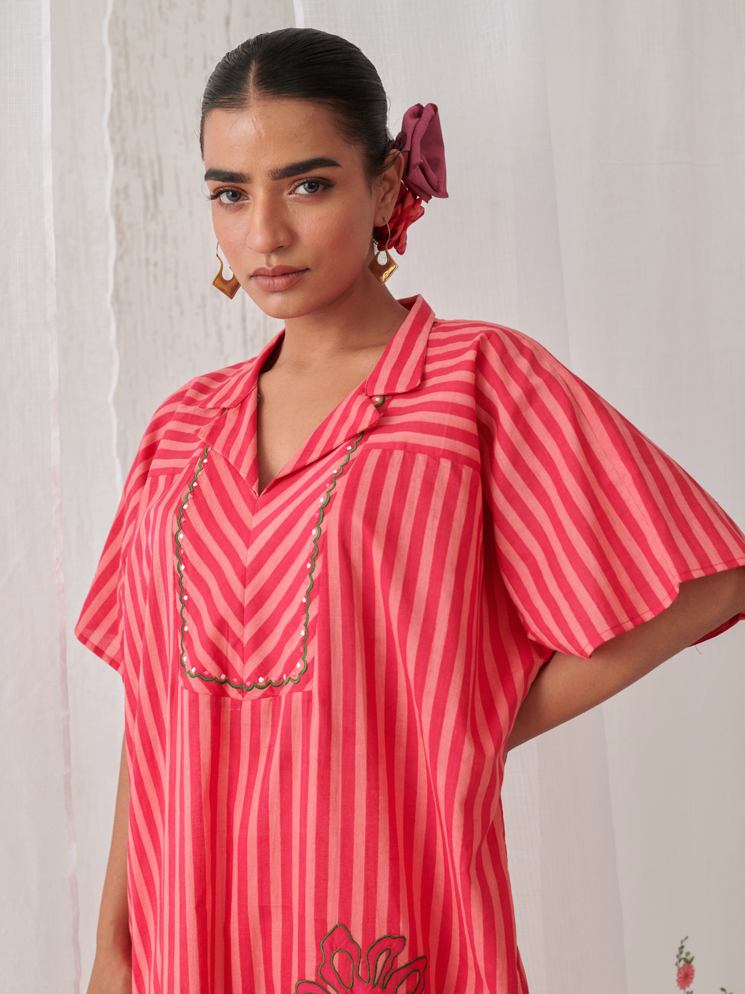 Peach & Pink  Striped Kaftan With Embroidery Paired With White Pants