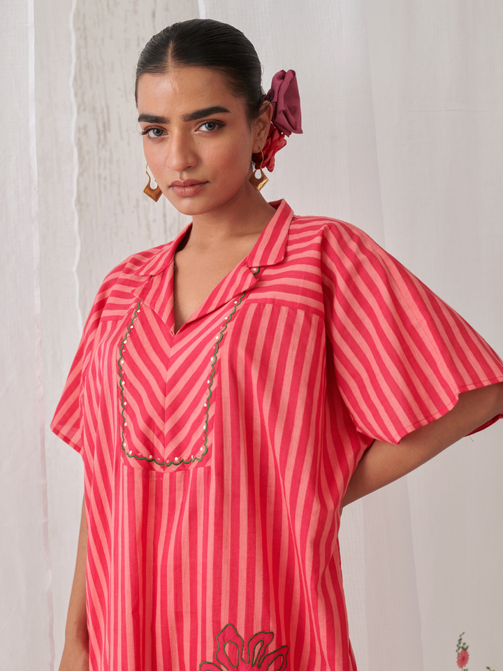 Peach & Pink  Striped Kaftan With Embroidery Paired With White Pants