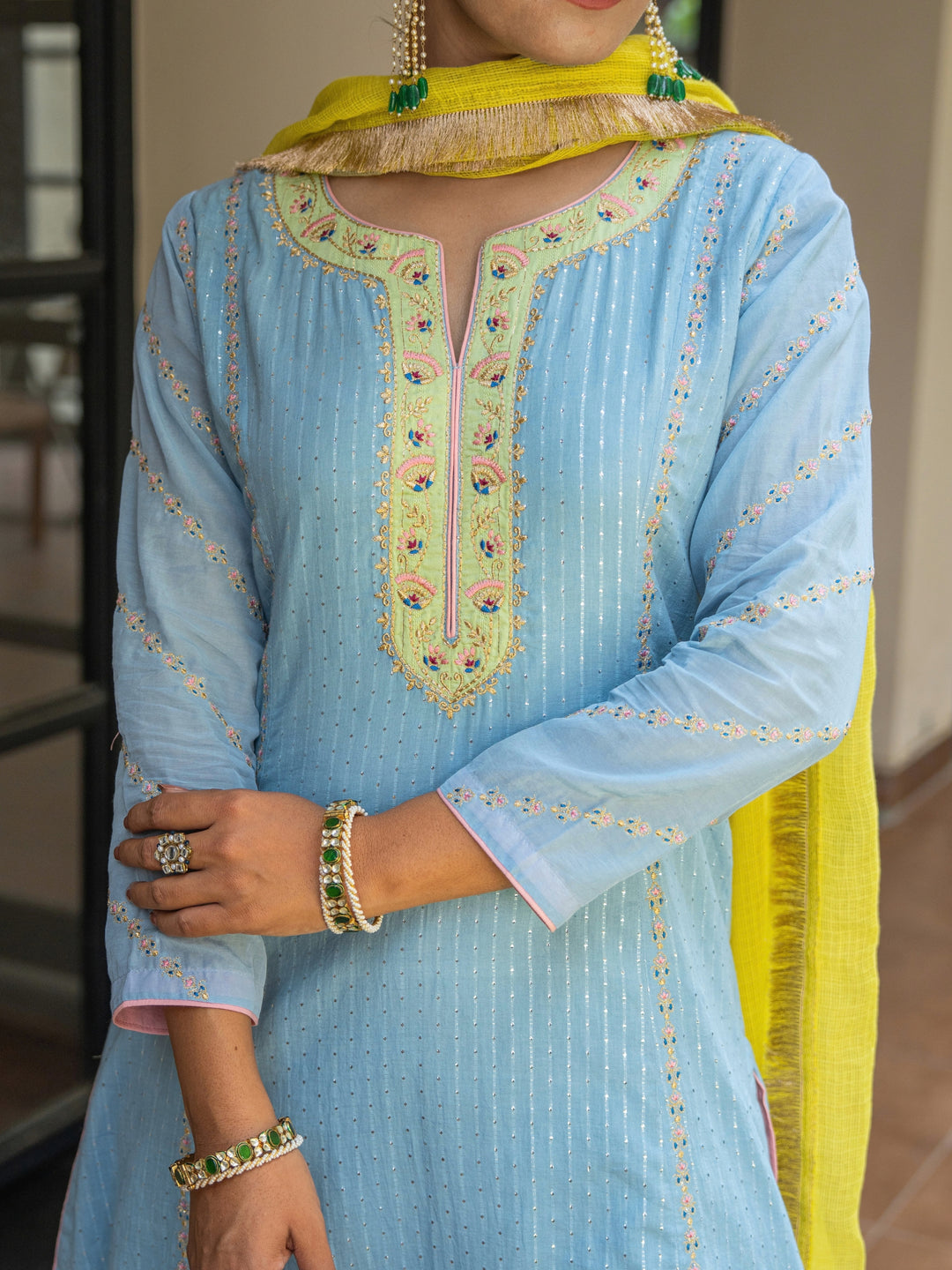 Dusty Blue A-Line Embroidered Kurta Paired With Matching Pants & Dupatta