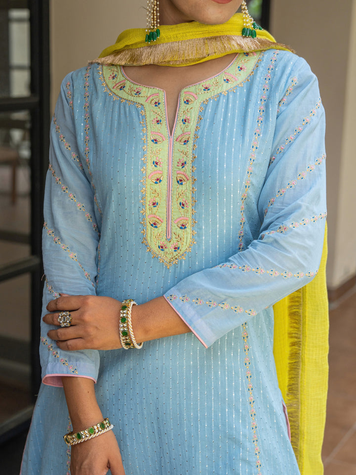 Dusty Blue A-Line Embroidered Kurta Paired With Matching Pants & Dupatta