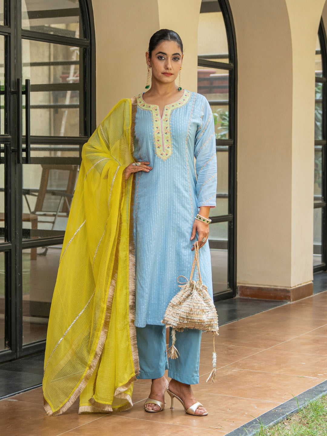 Dusty Blue A-Line Embroidered Kurta Paired With Matching Pants & Dupatta