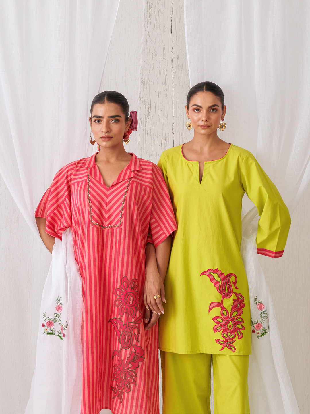 Lemon Short Kurta With Embroidery Paired With Matching Pants With Curved Hemline