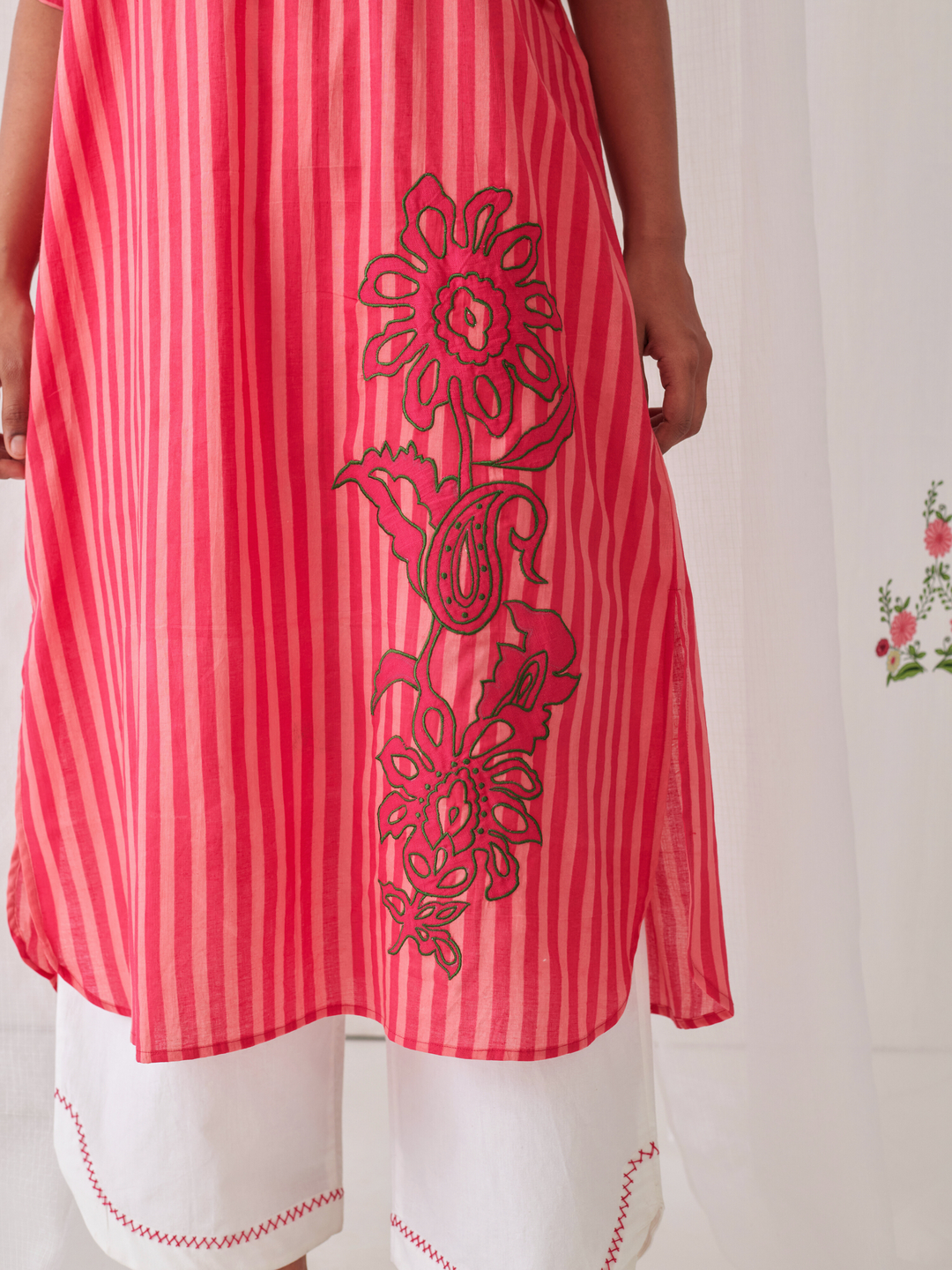 Peach & Pink  Striped Kaftan With Embroidery Paired With White Pants