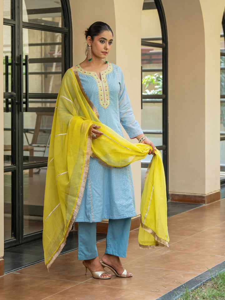 Dusty Blue A-Line Embroidered Kurta Paired With Matching Pants & Dupatta