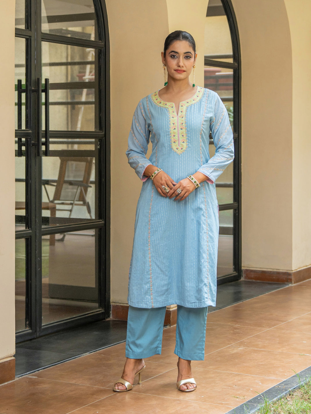 Dusty Blue A-Line Embroidered Kurta Paired With Matching Pants & Dupatta
