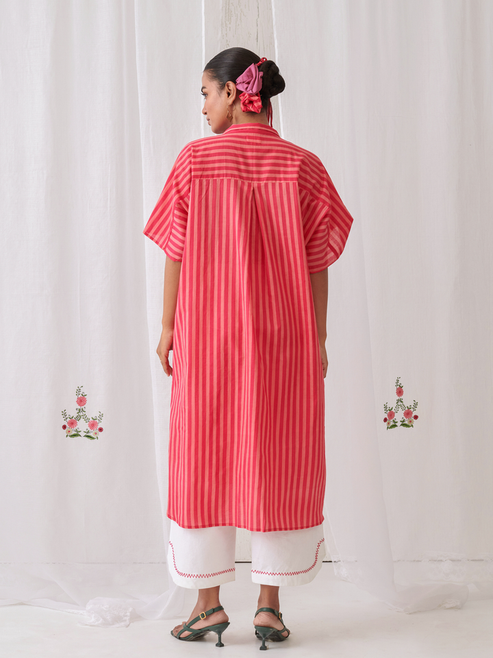 Peach & Pink  Striped Kaftan With Embroidery Paired With White Pants