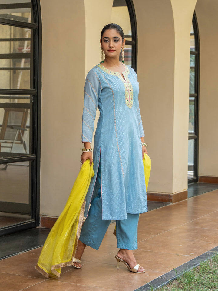 Dusty Blue A-Line Embroidered Kurta Paired With Matching Pants & Dupatta