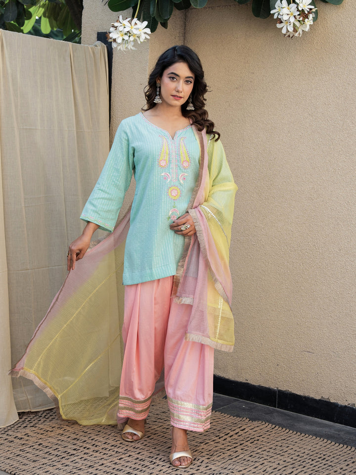 Mint Green Short Embroidered Kurta Paired With Farshi & Ombre Dupatta