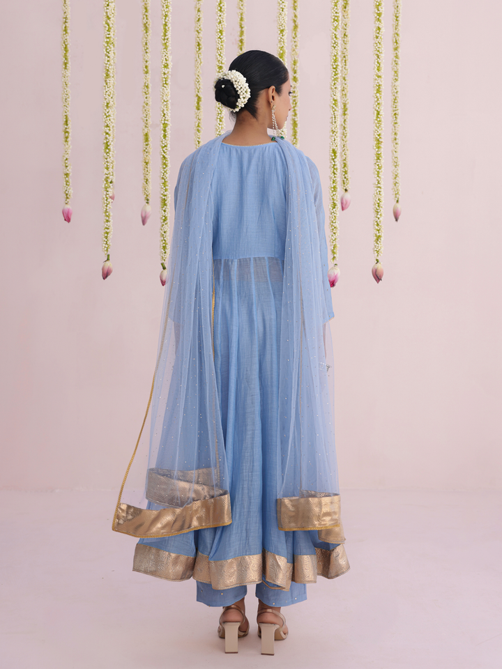 Dusty Blue Angarakha With Embroidered Yoke