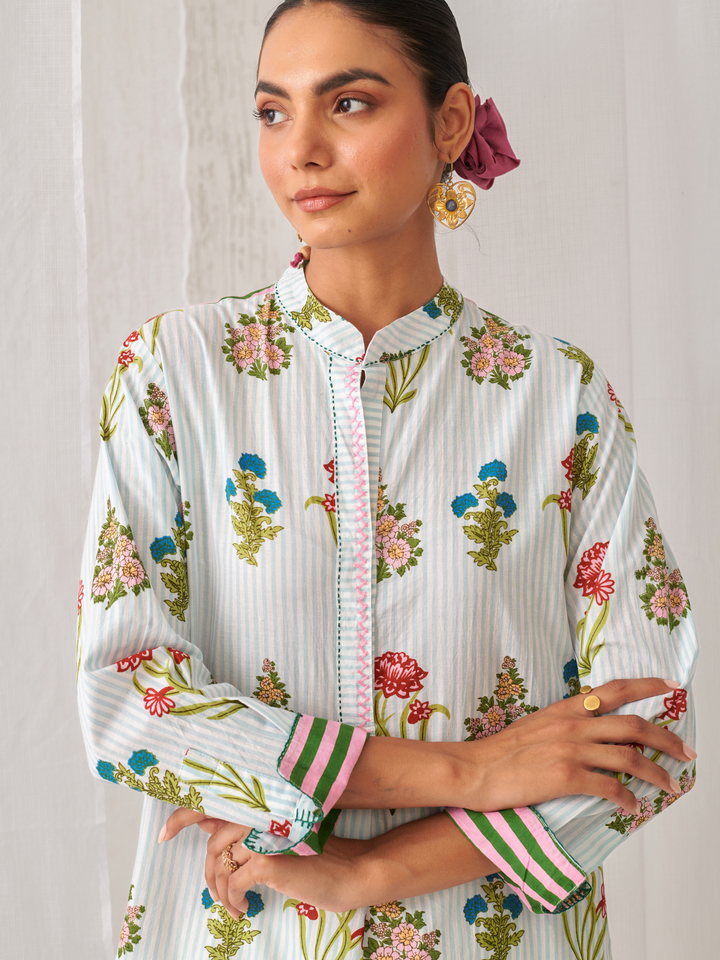 Aqua Floral Short Kurta With Band Collar Paired With White Straight Pants