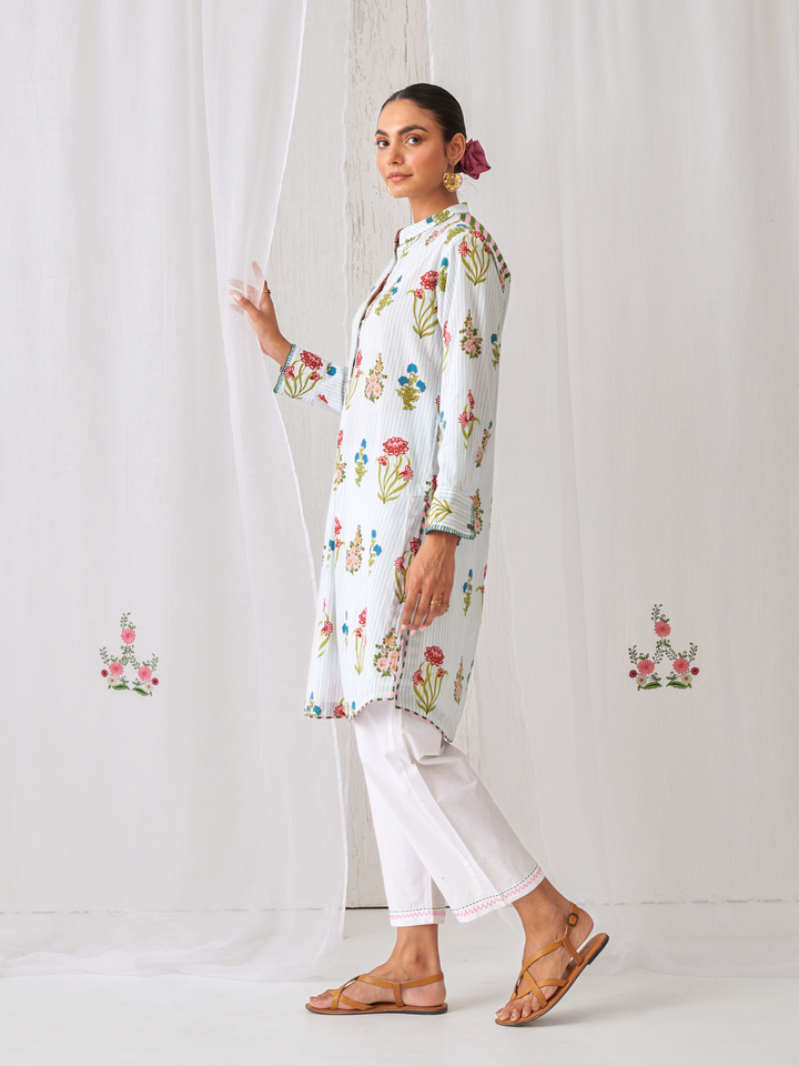 Aqua Floral Short Kurta With Band Collar Paired With White Straight Pants