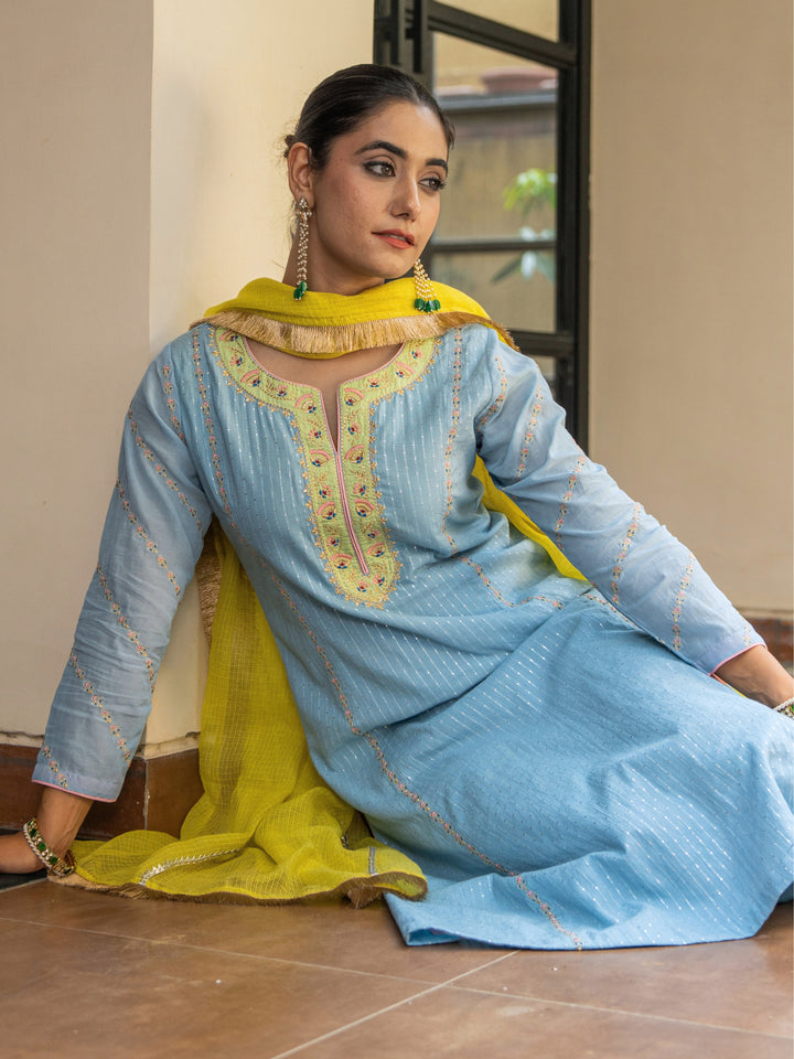 Dusty Blue A-Line Embroidered Kurta Paired With Matching Pants & Dupatta