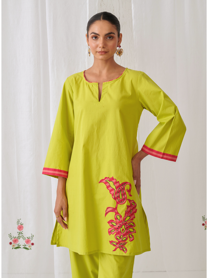 Lemon Short Kurta With Embroidery Paired With Matching Pants With Curved Hemline
