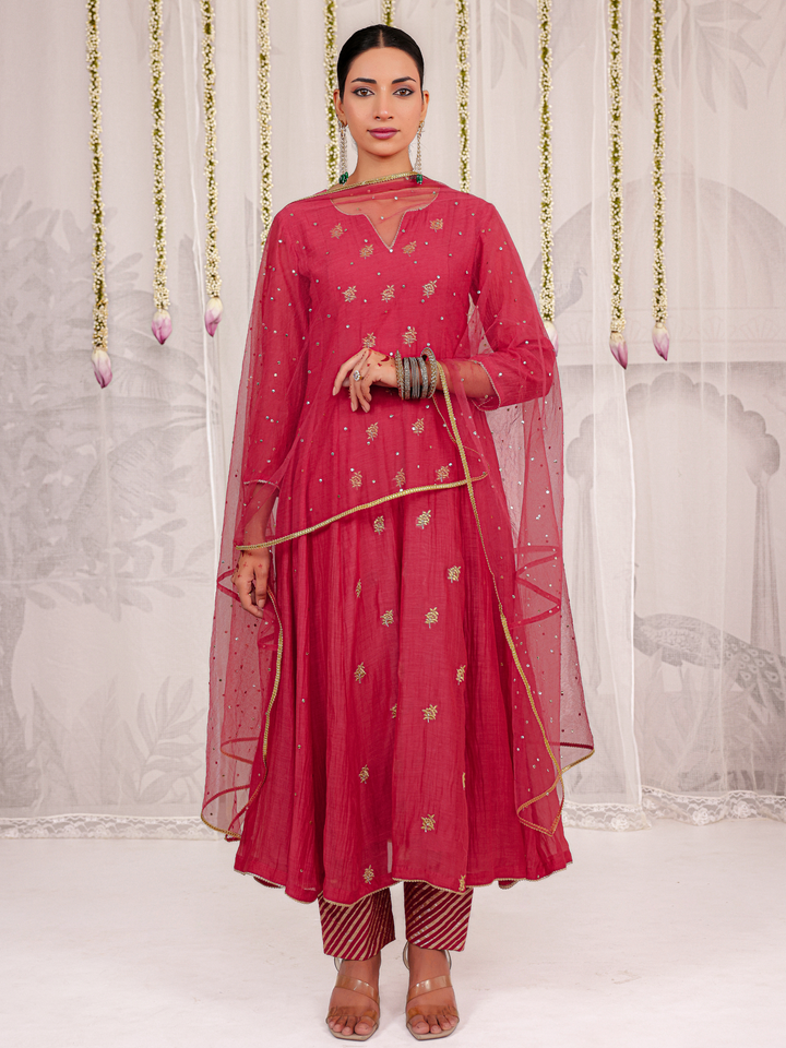 Red Anarkali Set With Embroidered Bootis