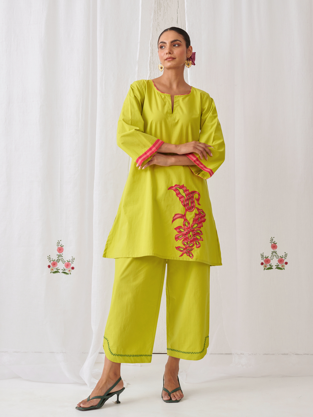 Lemon Short Kurta With Embroidery Paired With Matching Pants With Curved Hemline
