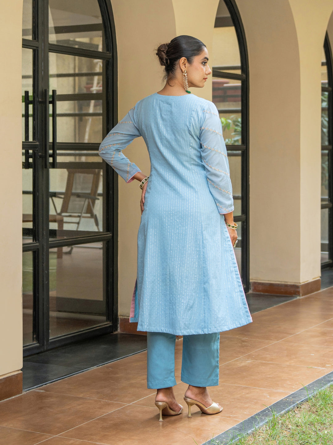 Dusty Blue A-Line Embroidered Kurta Paired With Matching Pants & Dupatta
