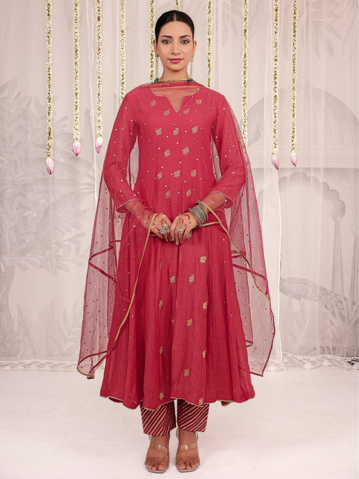 Red Anarkali Set With Embroidered Bootis