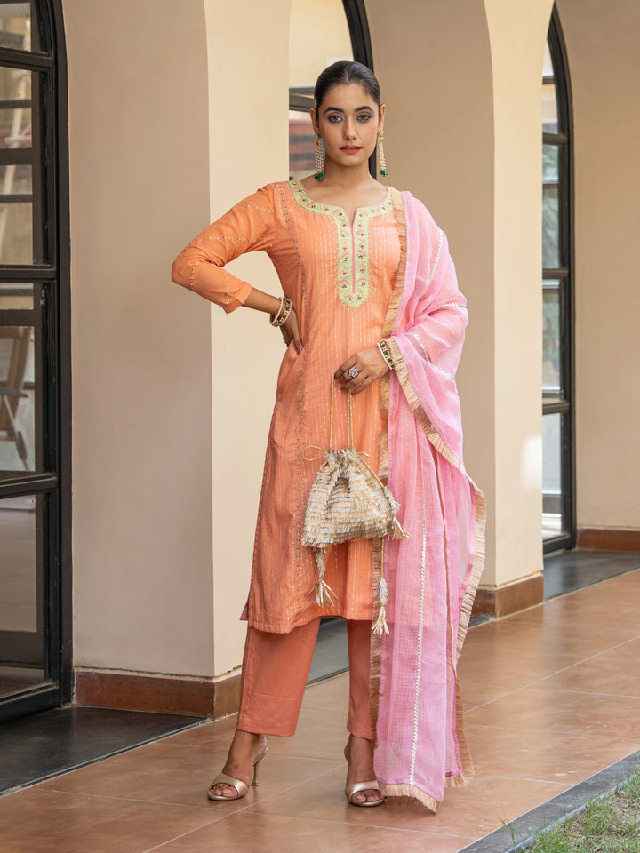 Peach A-Line Embroidered Kurta Paired With Matching Pants & Dupatta