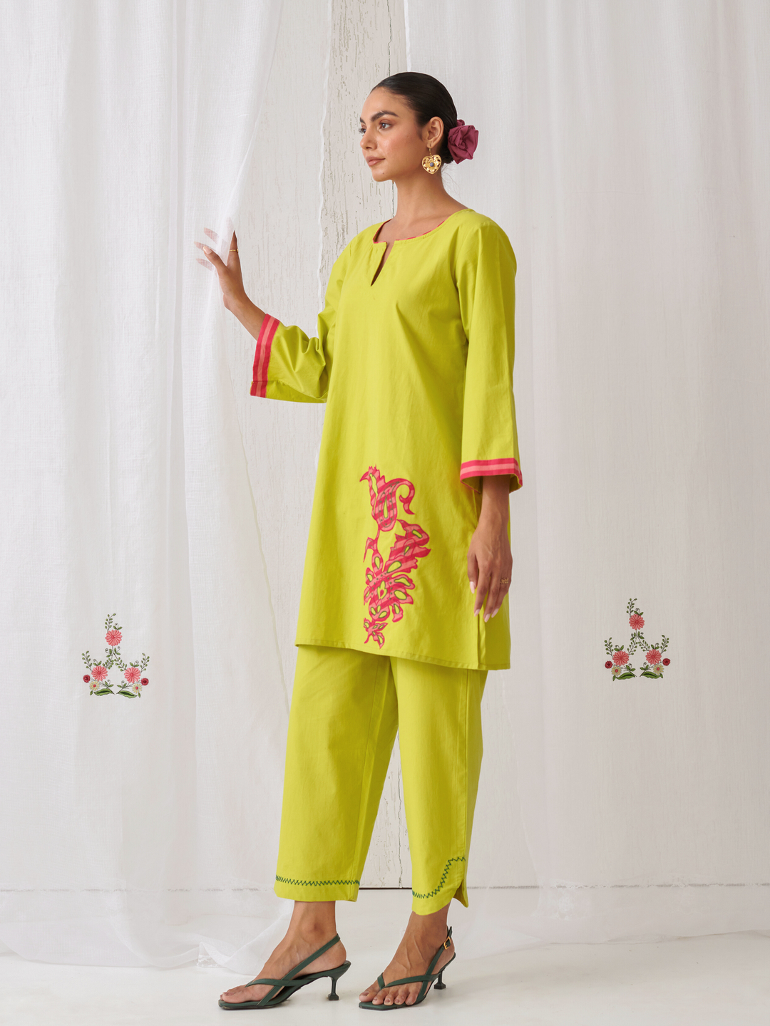Lemon Short Kurta With Embroidery Paired With Matching Pants With Curved Hemline