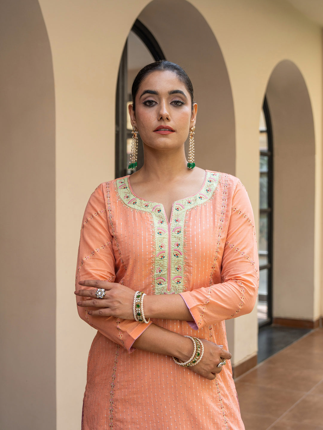Peach A-Line Embroidered Kurta Paired With Matching Pants & Dupatta