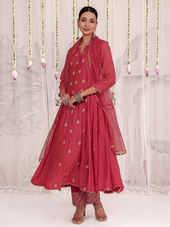 Red Anarkali Set With Embroidered Bootis