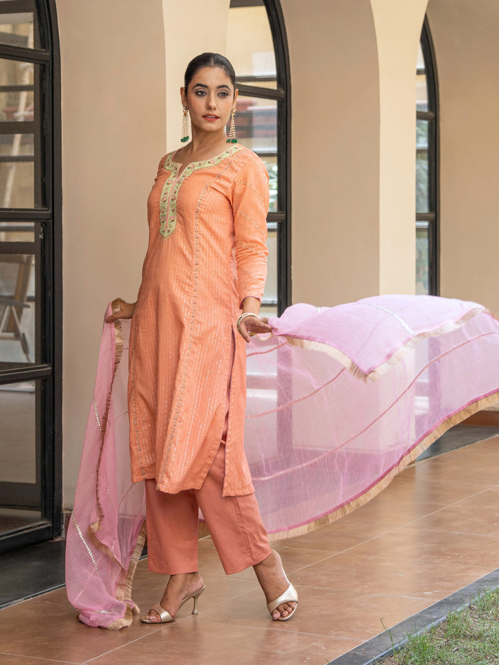 Peach A-Line Embroidered Kurta Paired With Matching Pants & Dupatta