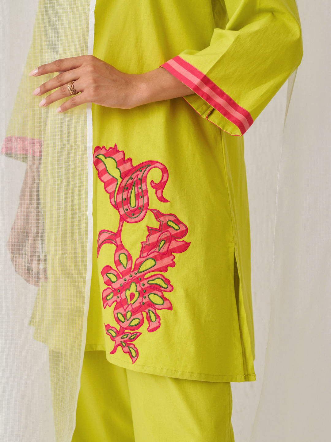 Lemon Short Kurta With Embroidery Paired With Matching Pants With Curved Hemline