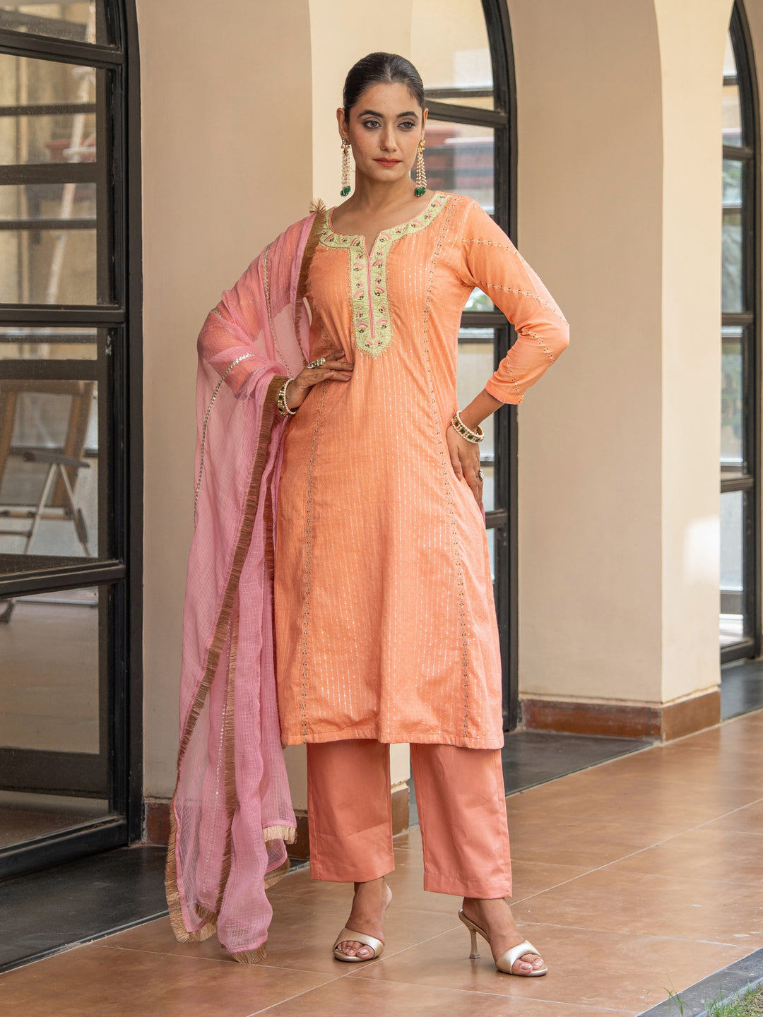 Peach A-Line Embroidered Kurta Paired With Matching Pants & Dupatta