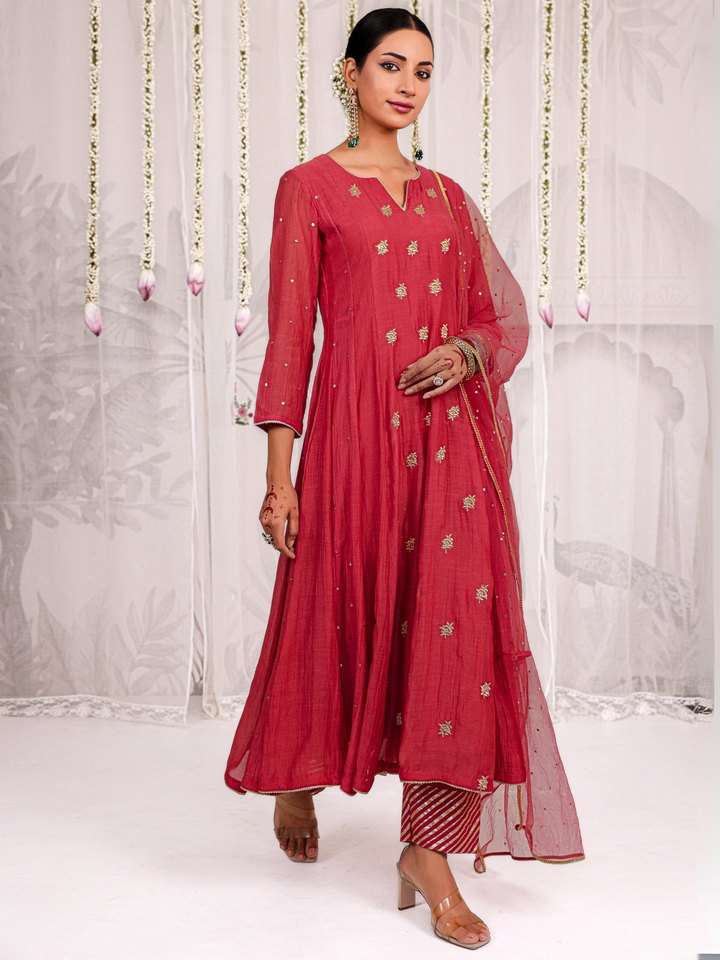 Red Anarkali Set With Embroidered Bootis